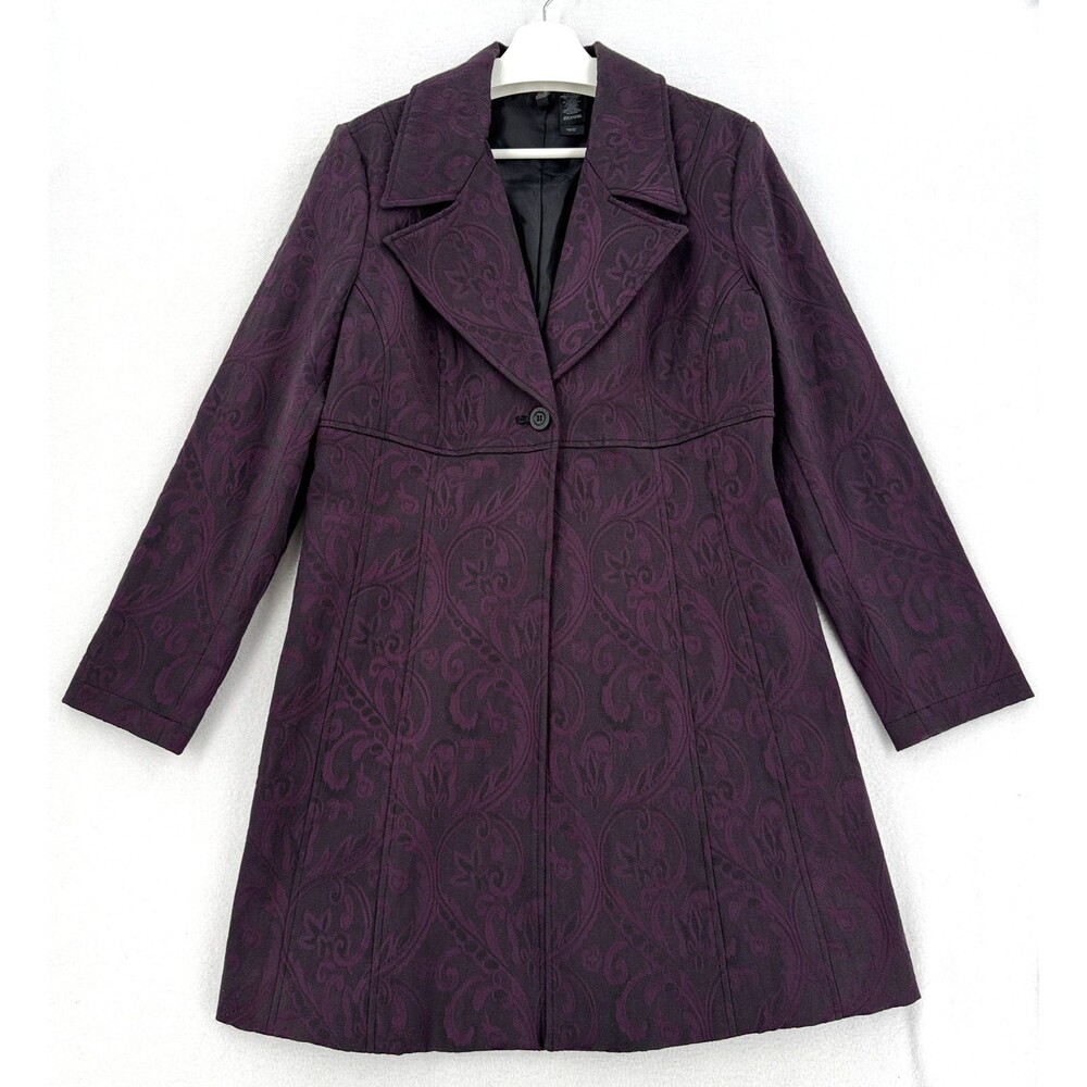 Bisou Bisou Michele Bohbot Coat Women L Purple Paisley Jacquard Fit Flare Gothic